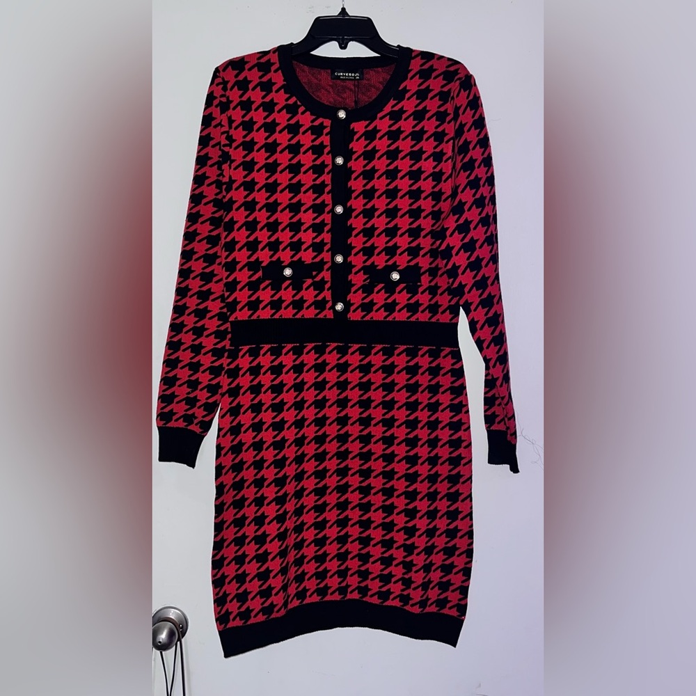 Red & black houndstooth mini dress